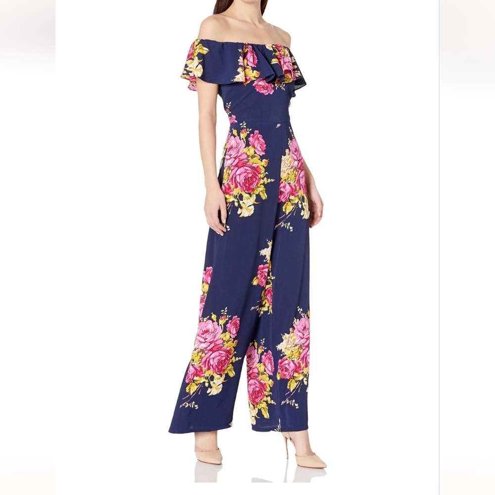 Betsey Johnson Pink and Blue Floral Off-Shoulder Jumpsuit